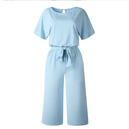 Summer Fashion Simple Short Sleeve Jumpsuit Women Wide Leg Pure Color Blue Charlie