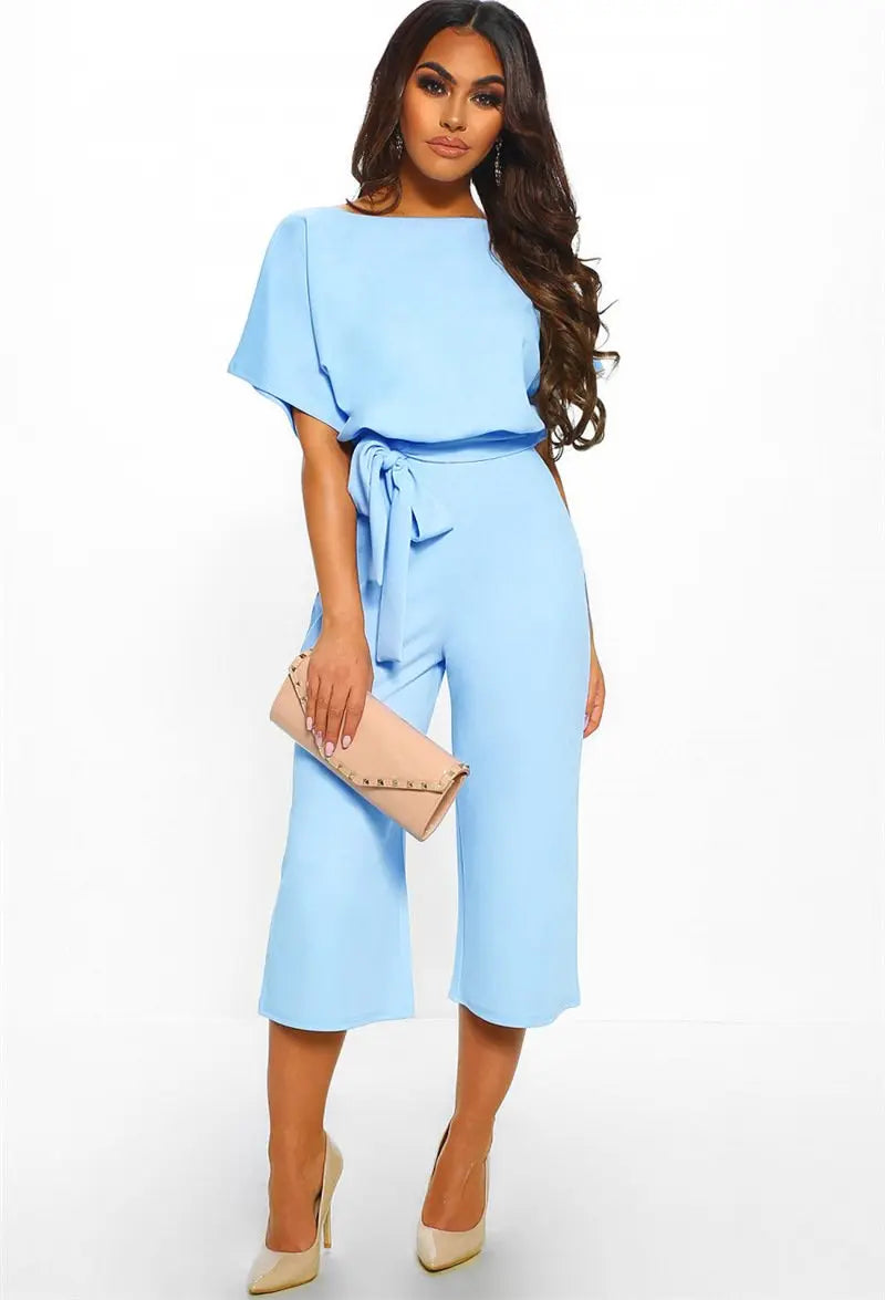 Summer Fashion Simple Short Sleeve Jumpsuit Women Wide Leg Pure Color Blue Charlie