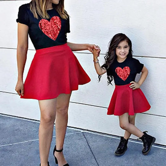 Mom And Daughter Dresses Summer Short Sleeve Heart Print T-shirt Skirt Blue Charlie