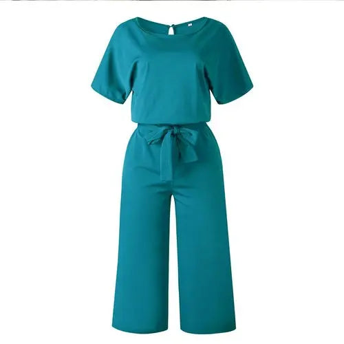 Summer Fashion Simple Short Sleeve Jumpsuit Women Wide Leg Pure Color Blue Charlie